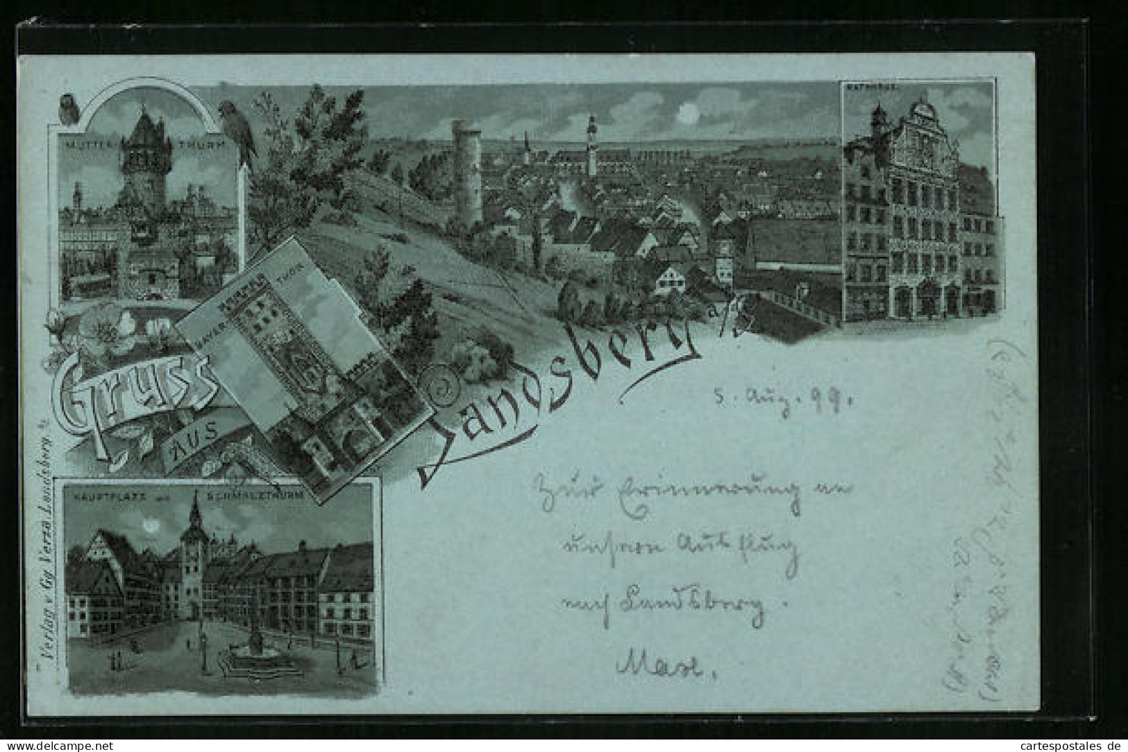 Mondschein-Lithographie Landsberg, Hauptplatz Mit Schmalzturm, Bayer-Tor, Rathaus  - Landsberg