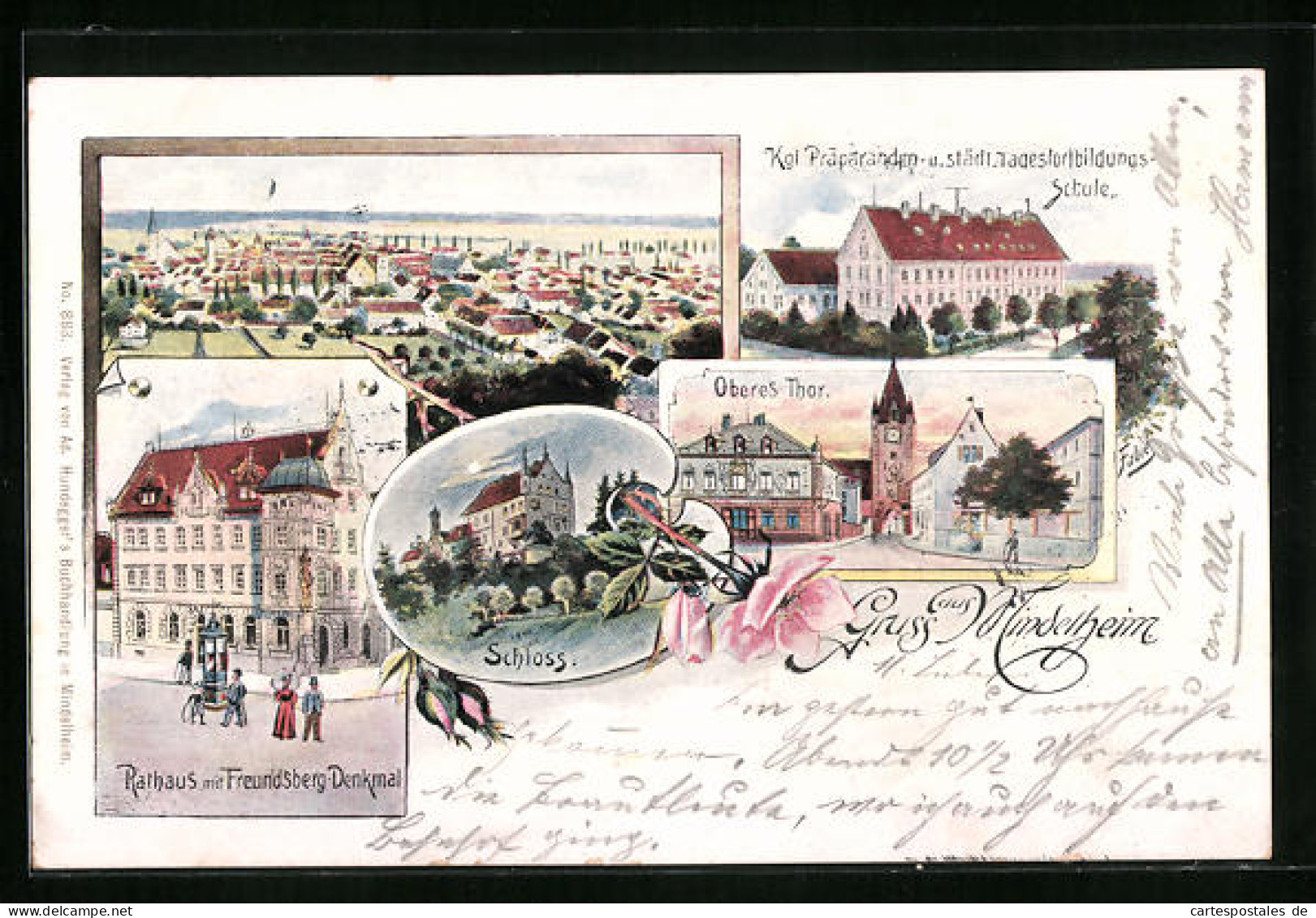 Lithographie Mindelheim, Königliche Präparanden- U. Städt. Tagesfortbildungs-Schule, Rathaus Mit Freundsberg-Denkmal  - Mindelheim