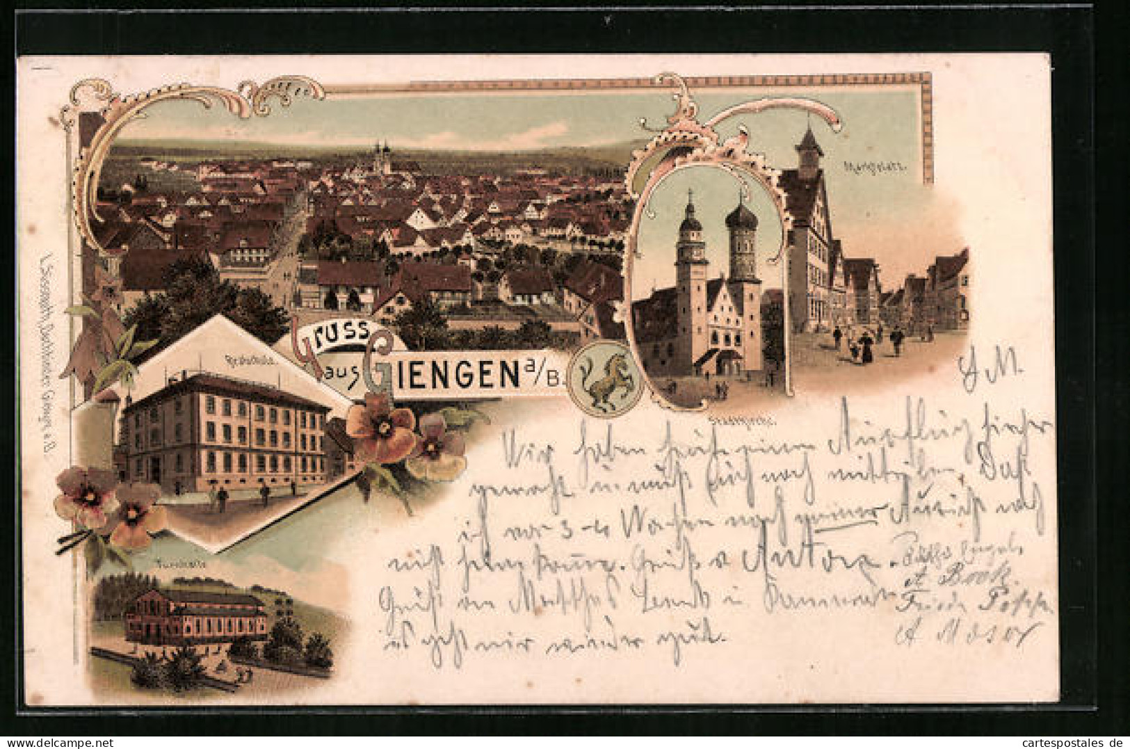 Lithographie Giengen A. B., Realschule, Tunhalle, Marktplatz, Gesamtansicht  - Other & Unclassified