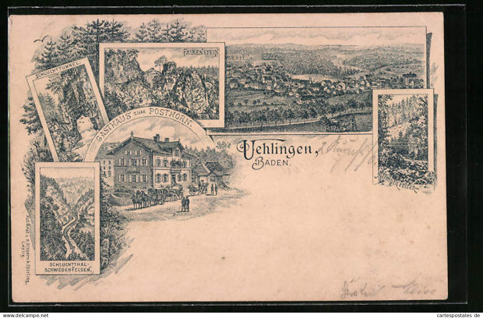 Lithographie Uehlingen /Baden, Falkenstein, Schluchttunnel, Gasthaus Zum Posthorn, Allmuth Felsen  - Baden-Baden