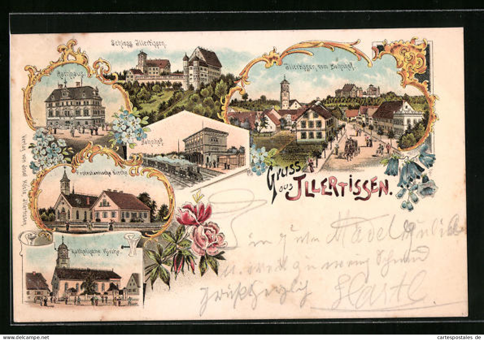 Lithographie Illertissen, Rathaus, Kirchen, Bahnhof, Schloss Illertissen  - Illertissen