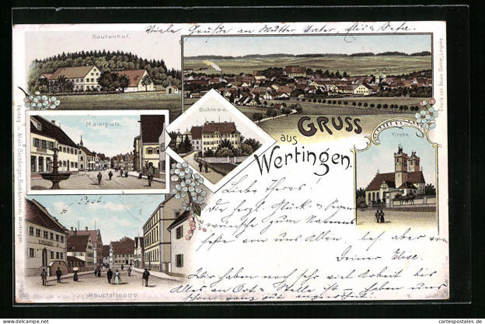 Lithographie Wertingen, Reutenhof, Marktplatz, Hauptstrasse, Kirche, Schloss  - Other & Unclassified