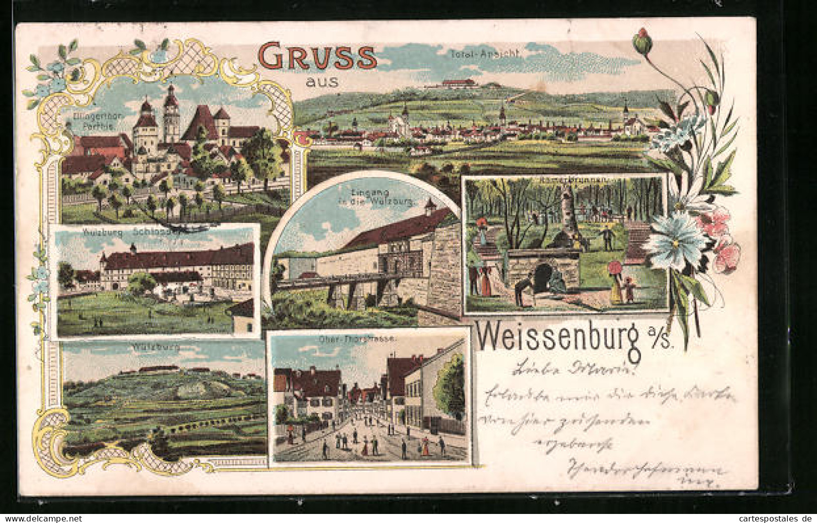 Lithographie Weissenburg A. S., Ellingerthorpartie, Wülzburg, Römerbrunnen  - Weissenburg