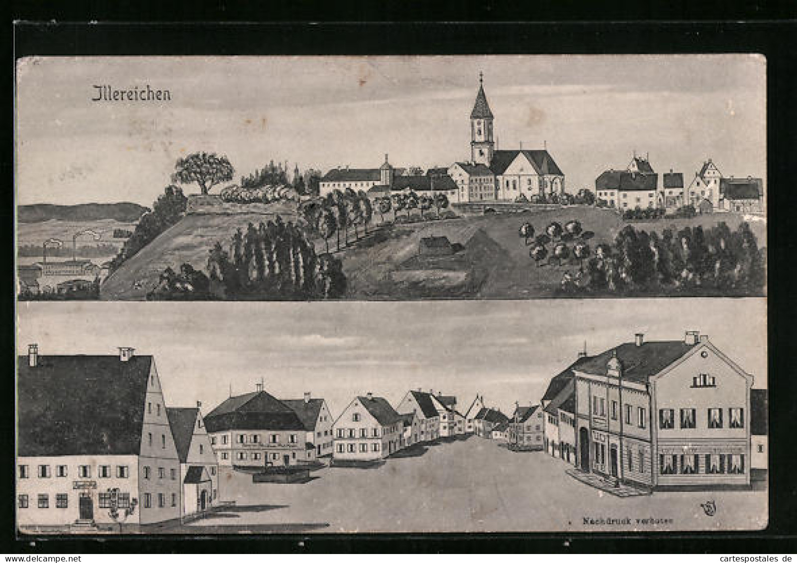 Künstler-AK Sign. Hans Pernat: Illereichen, Apotheke, Strassenpartie, Kirche  - Other & Unclassified