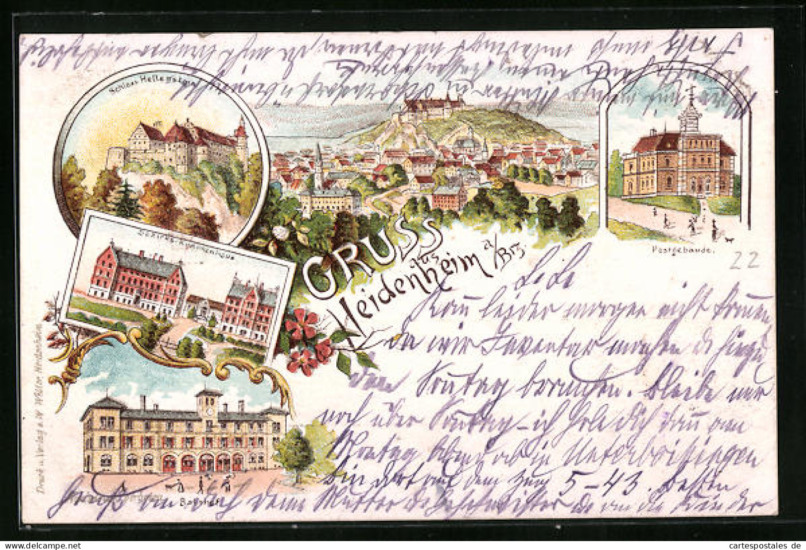 Lithographie Heidenheim A. Brz., Schloss Hellenstein, Bezirkskrankenhaus, Postgebäude, Bahnhof  - Heidenheim