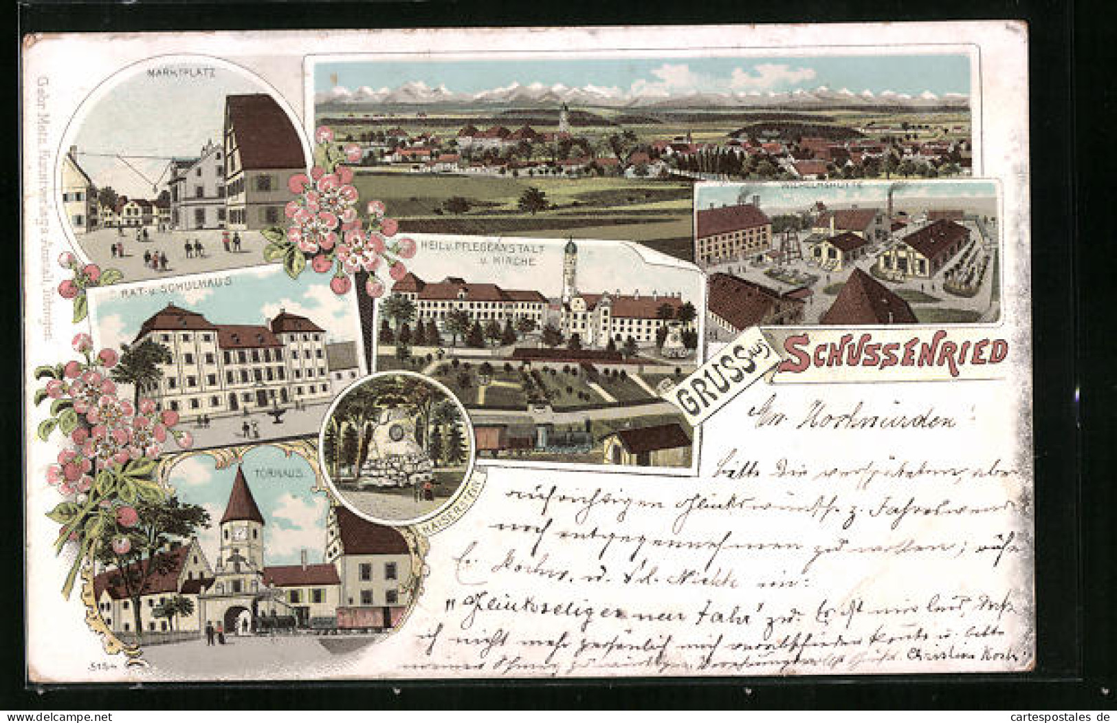 Lithographie Schussenried, Marktplatz, Rat- Und Schulhaus, Torhaus, Wilhelmshütte, Panorama  - Bad Schussenried
