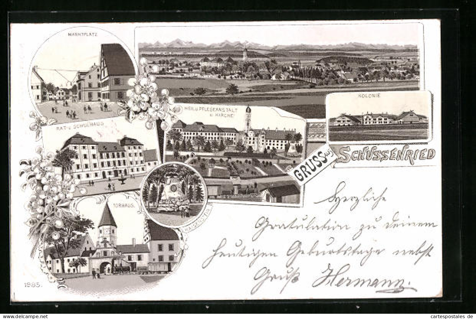 Lithographie Schussenried, Marktplatz, Rat- Und Schulhaus, Torhaus Und Kolonie  - Bad Schussenried