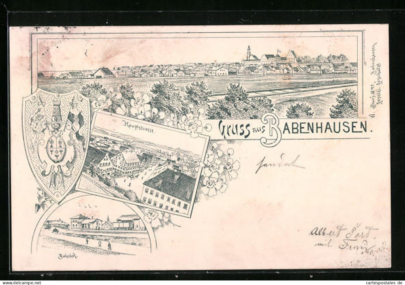 Lithographie Babenhausen, Hauptstrasse, Bahnhof, Panorama  - Other & Unclassified