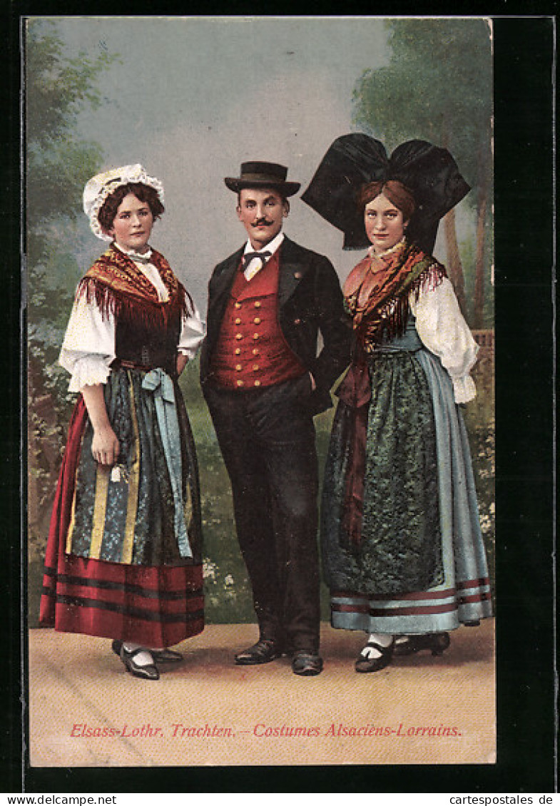 AK Damen Und Ein Herr In Elsass-lothringische Tracht, Costumes Alsaciens-Lorrains  - Costumes