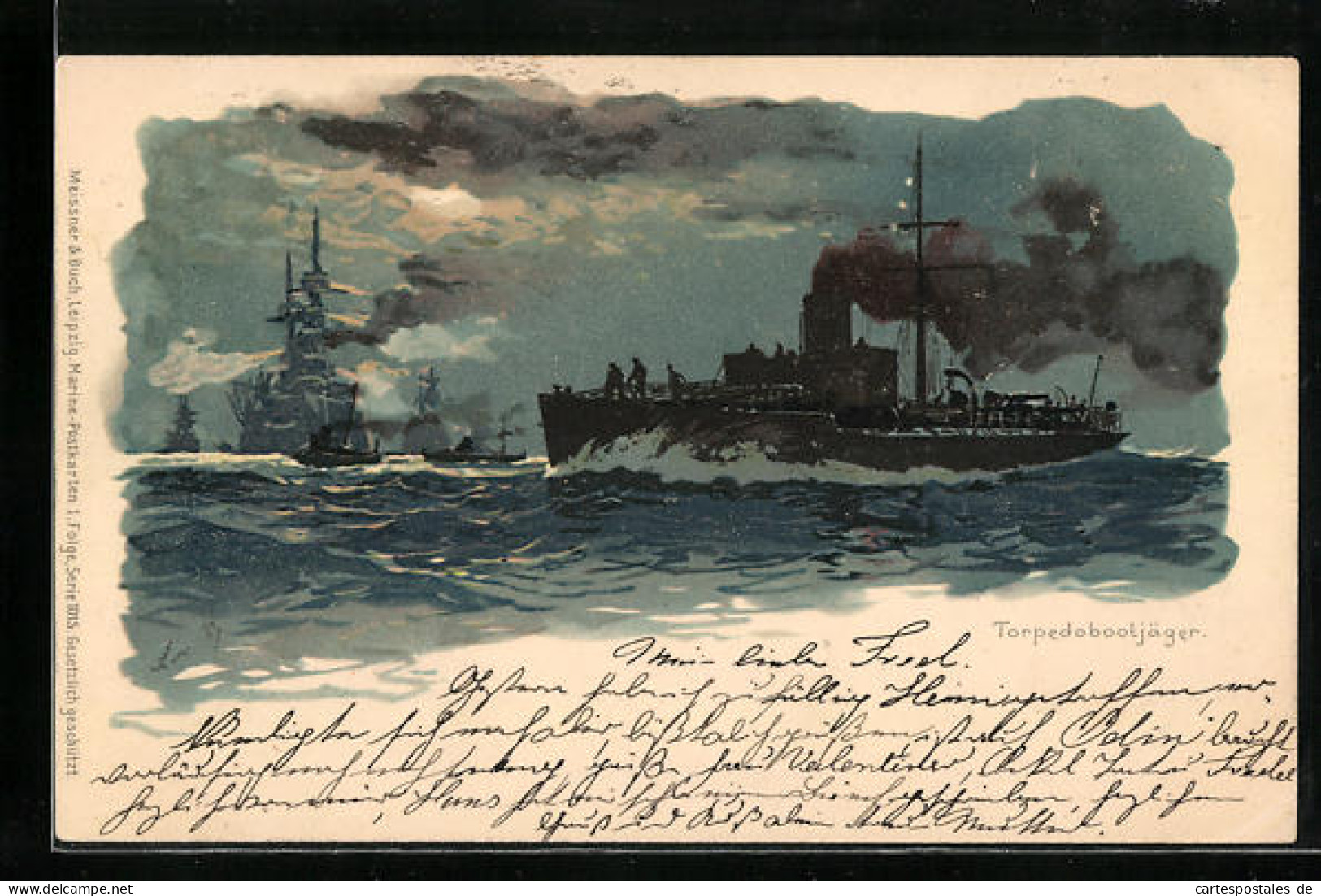 Lithographie Kriegsschiff Torpedobootjäger  - Guerra