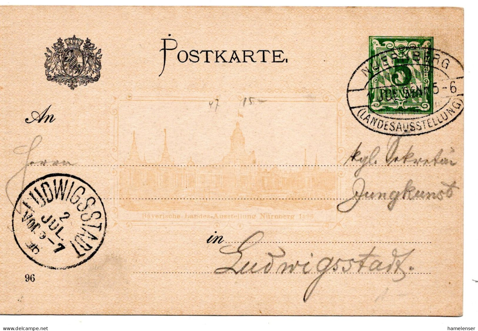 64294 - Altdeutschland / Bayern - 1896 - 5Pfg GASoKte Landesausstellung SoStpl NUERNBERG - ... -> LUDWIGSSTADT - Lettres & Documents