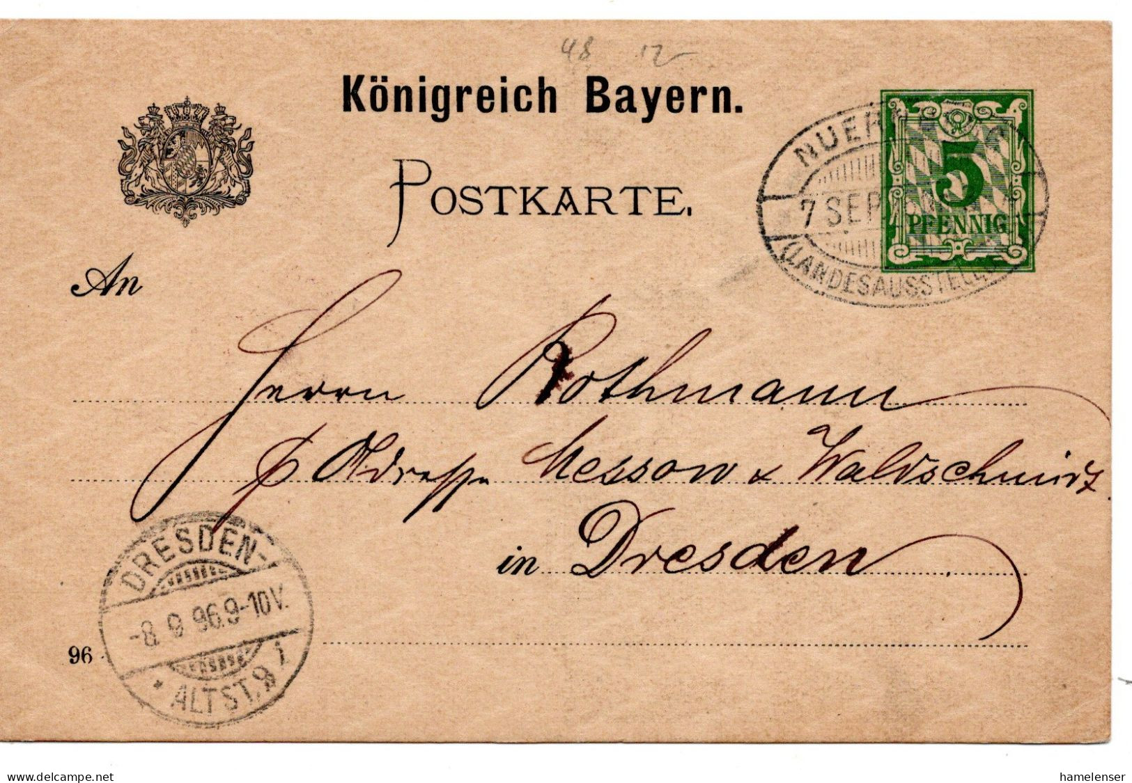 64295 - Altdeutschland / Bayern - 1896 - 5Pfg GASoKte Landesausstellung SoStpl NUERNBERG - LANDESAUSSTELLUNG -> DRESDEN - Briefe U. Dokumente