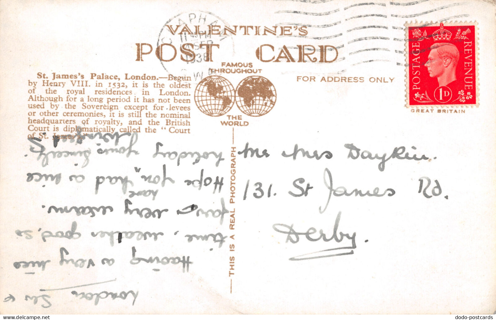 R299661 London. St. Jame Palace. Valentine. RP. 1938 - Sonstige & Ohne Zuordnung