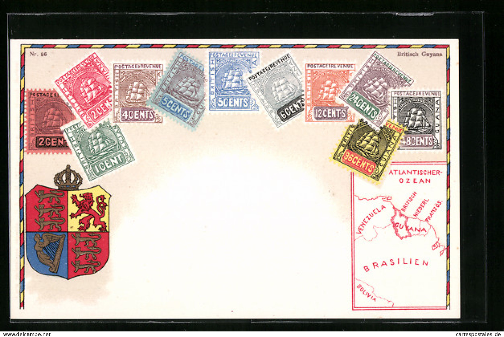 AK Briefmarken Mit Wappen Aus Britisch Guyana, Landkarte  - Briefmarken (Abbildungen)