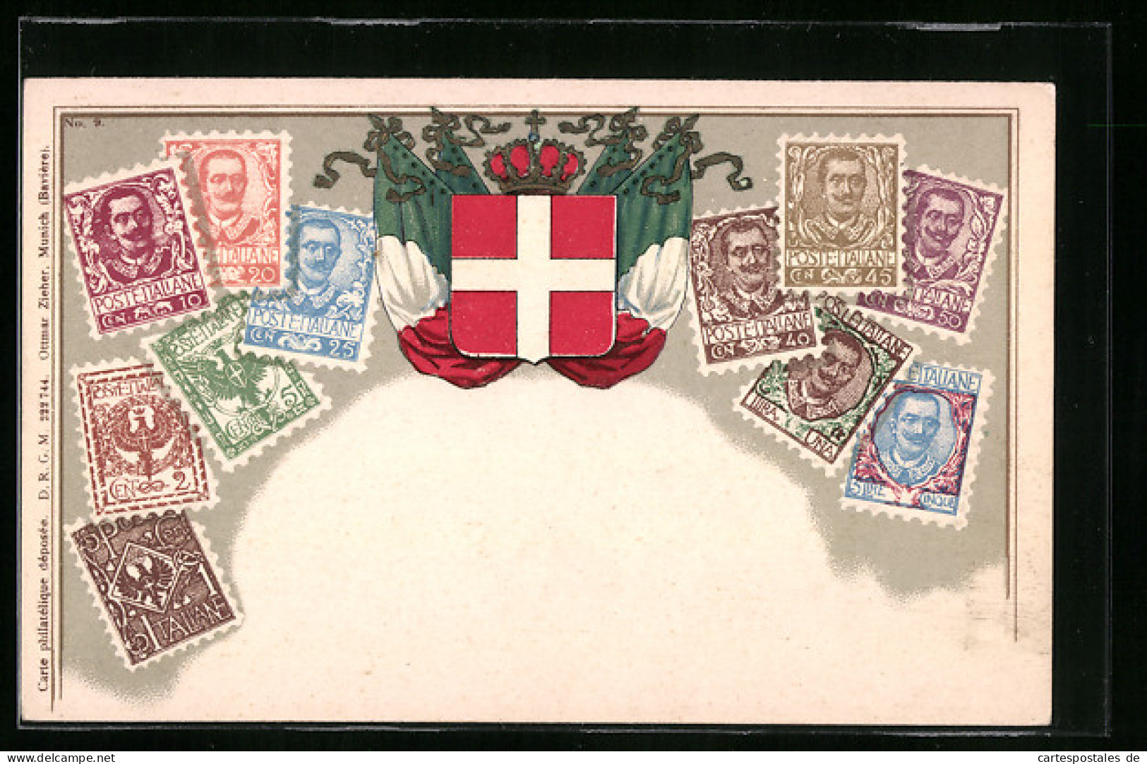 Präge-AK Briefmarken Und Wappen Des Italienischen Königreichs  - Briefmarken (Abbildungen)