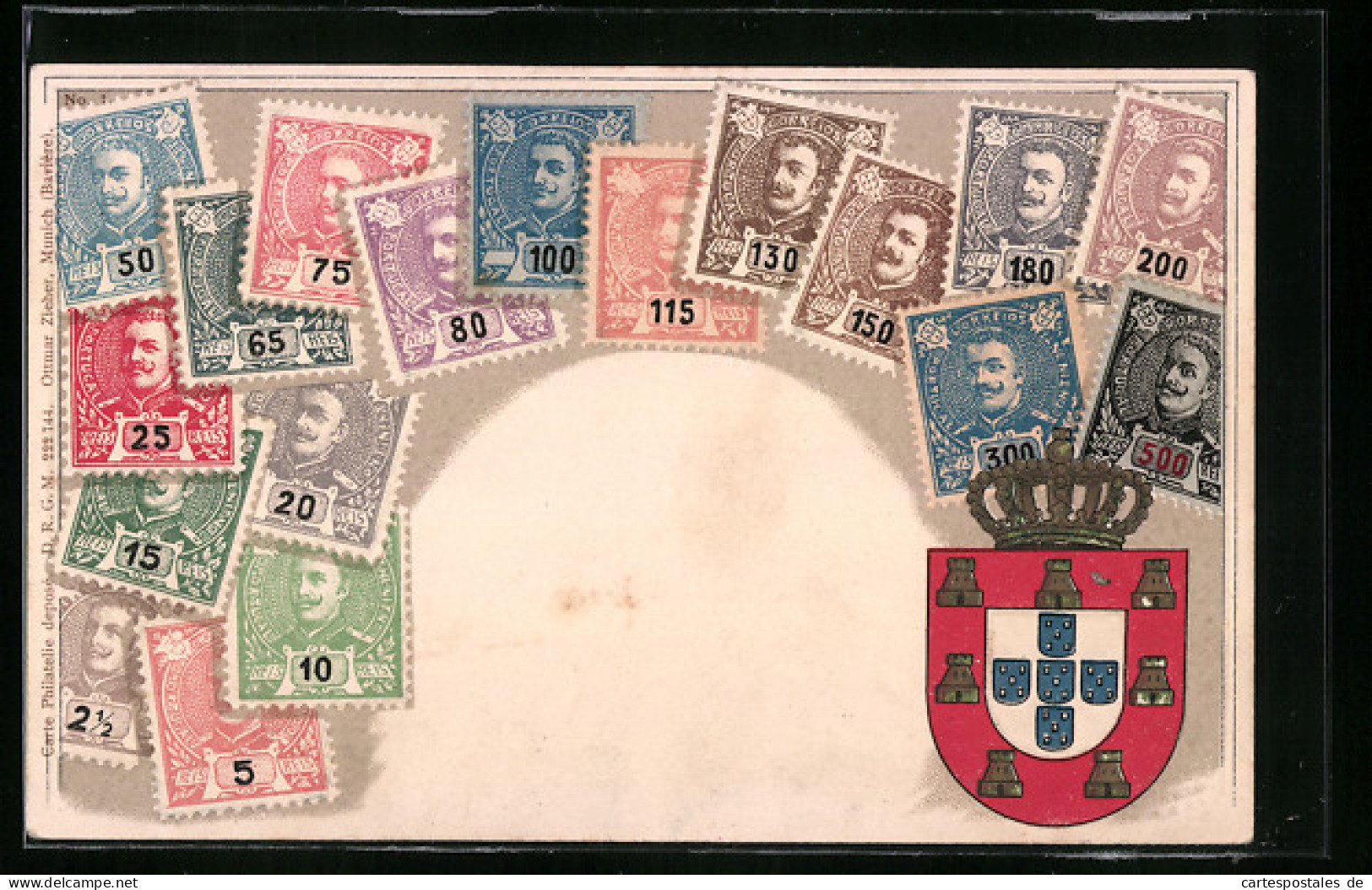 Präge-AK Portugische Briefmarken Und Wappen  - Francobolli (rappresentazioni)