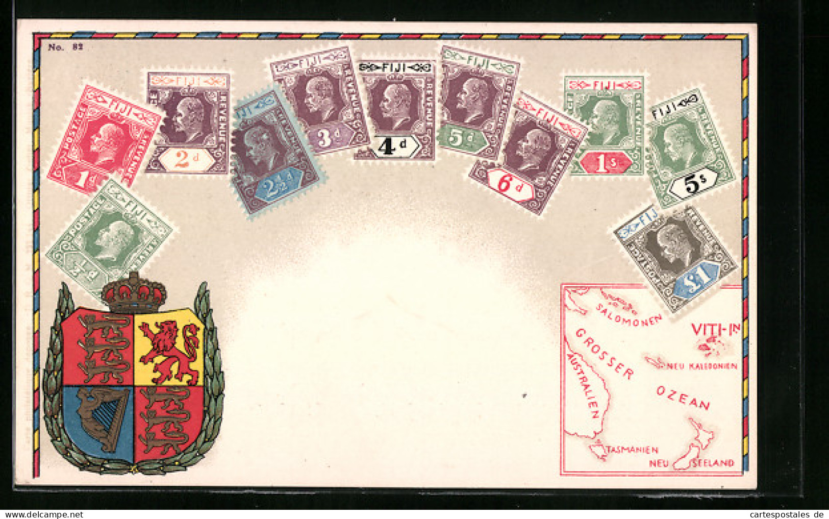 AK Briefmarken Und Wappen Der Fiji-Inseln Mit Landkarte  - Timbres (représentations)