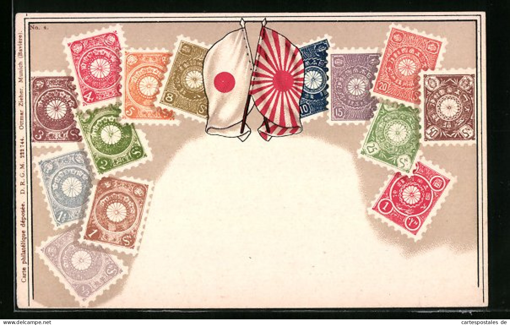 AK Briefmarken Aus Japan Mit Fahnen  - Timbres (représentations)