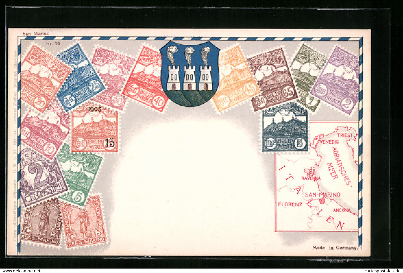 AK Briefmarken Aus San Marino Mit Landkarte  - Timbres (représentations)