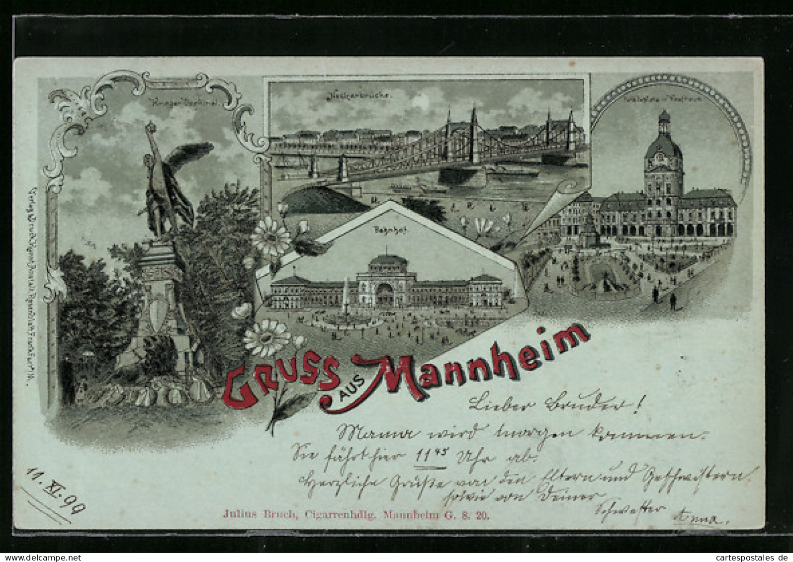 Lithographie Mannheim, Bahnhof, Krieger Denkmal, Neckarbrücke, Paradeplatz Mit Kaufhaus  - Mannheim