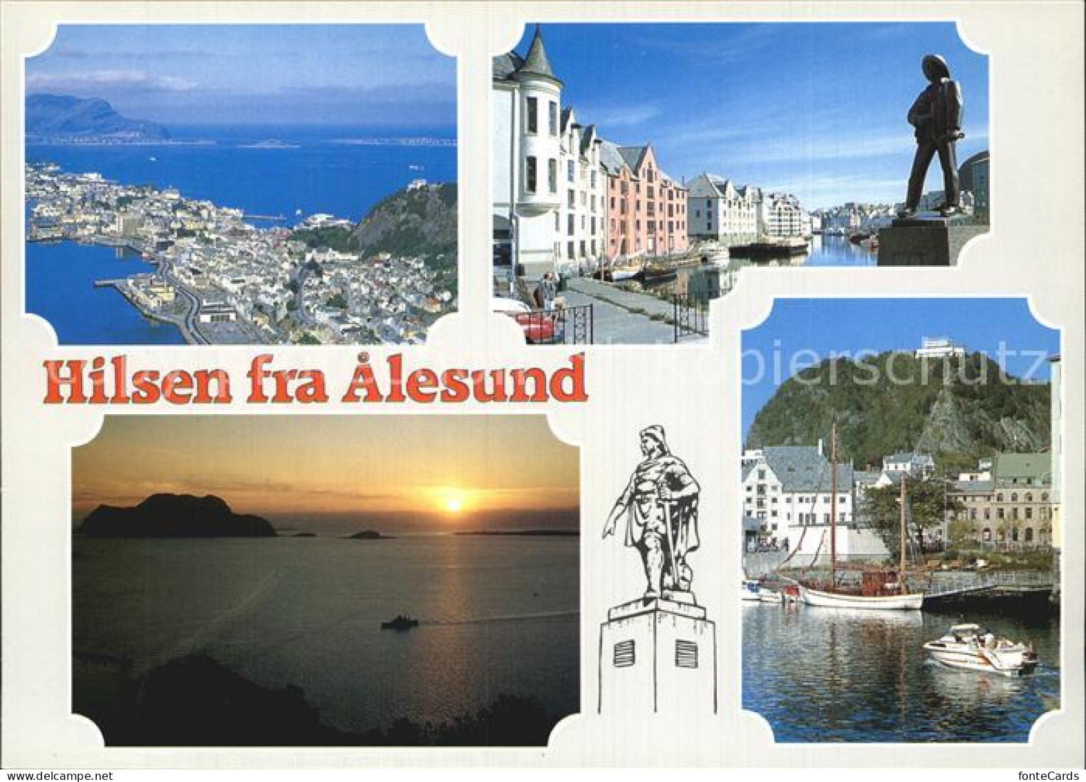 72576443 Alesund Denkmal Statue Hafen Sonnenuntergang Fliegeraufnahme Aalesund - Norvège