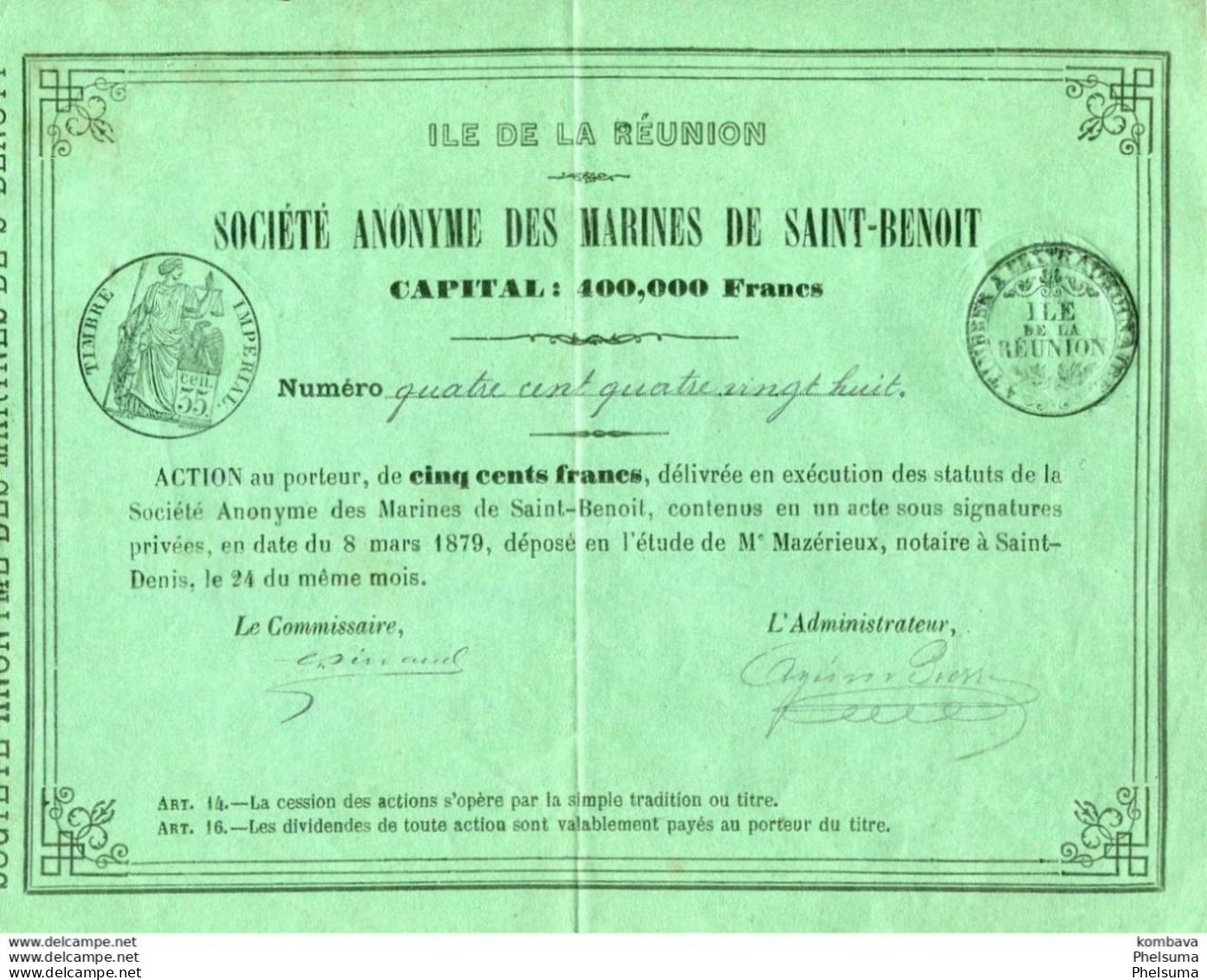 Rarissime : La REUNION - Action Signée De La Société Anonyme Des Marines De Saint Benoît - Transporte