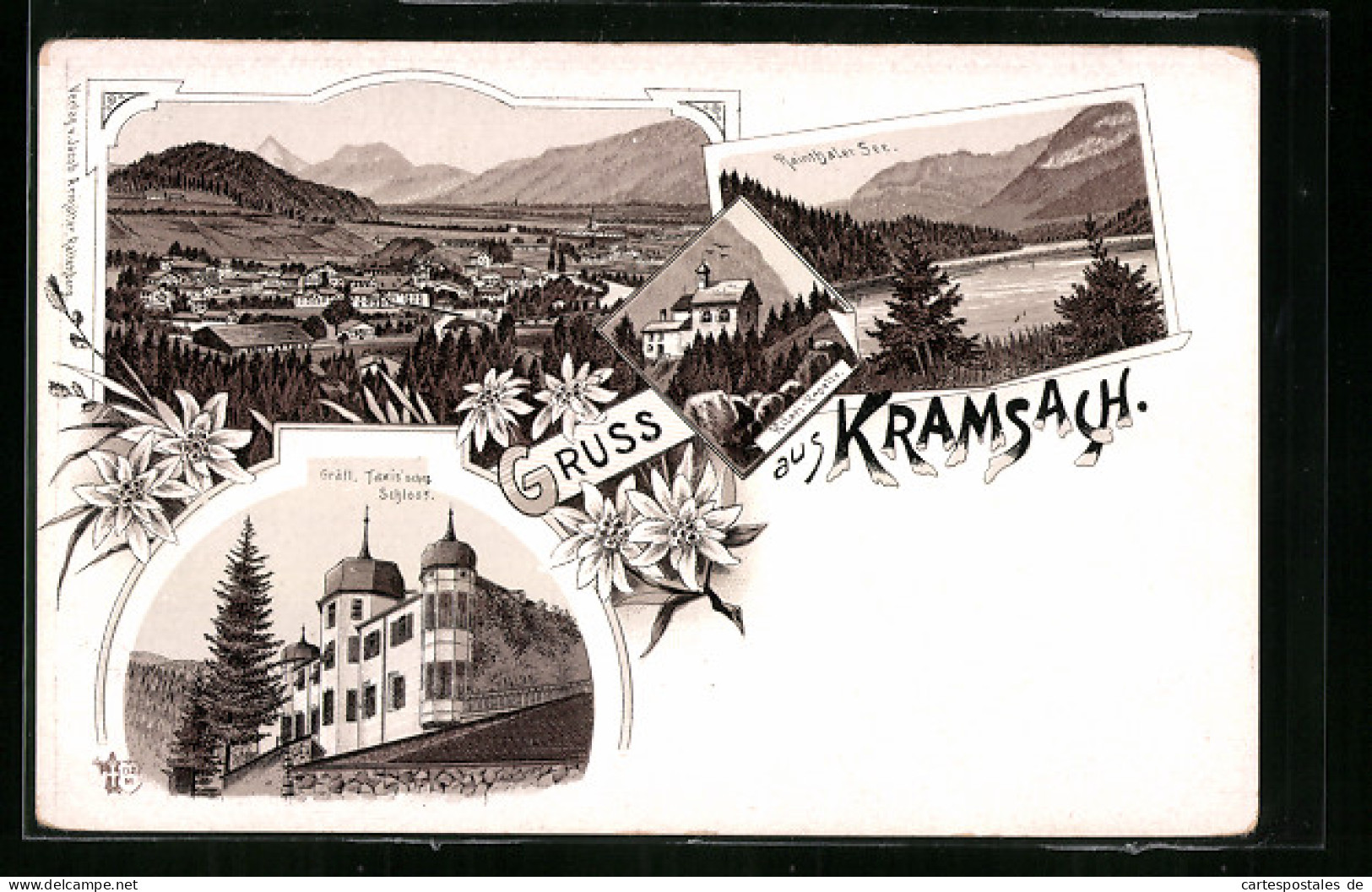 Lithographie Kramsach, Totalansicht, Rainthaler See, Gräfl. Taxis`sches Schloss  - Other & Unclassified