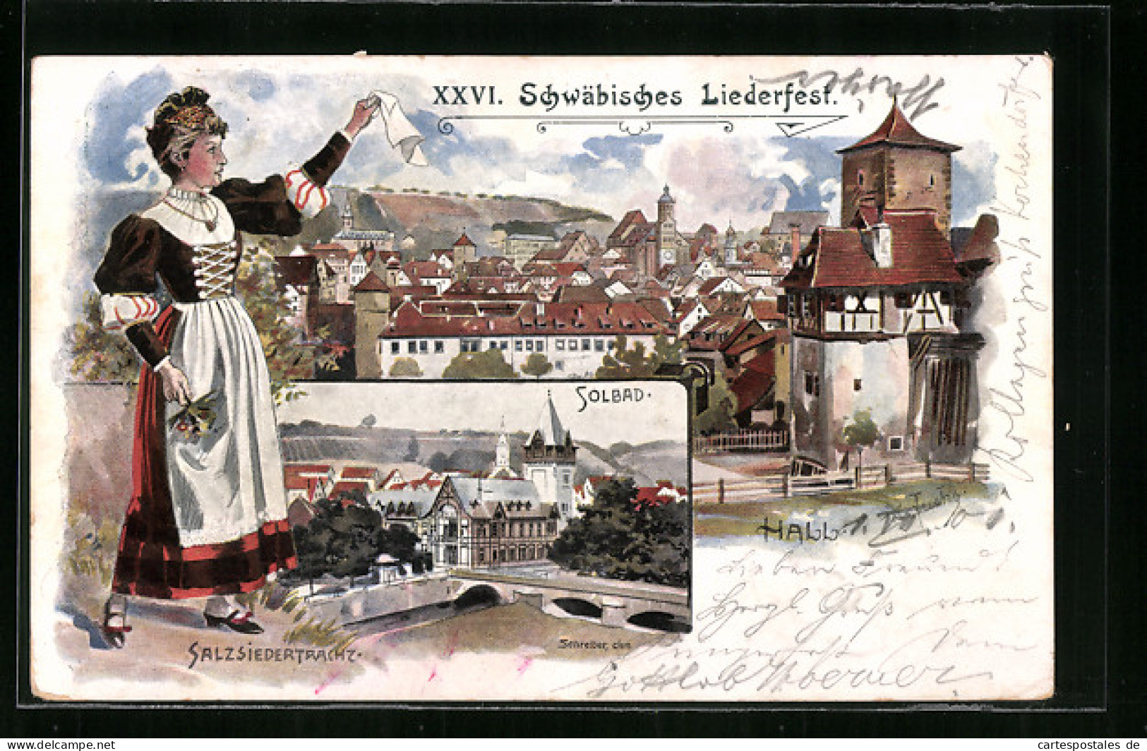 Lithographie Ganzsache Württemberg PP11D9 /03: Schwäb. Hall, XXIV. Schwäbisch. Liederfest, Badenerin In Salzsiedert  - Postkarten