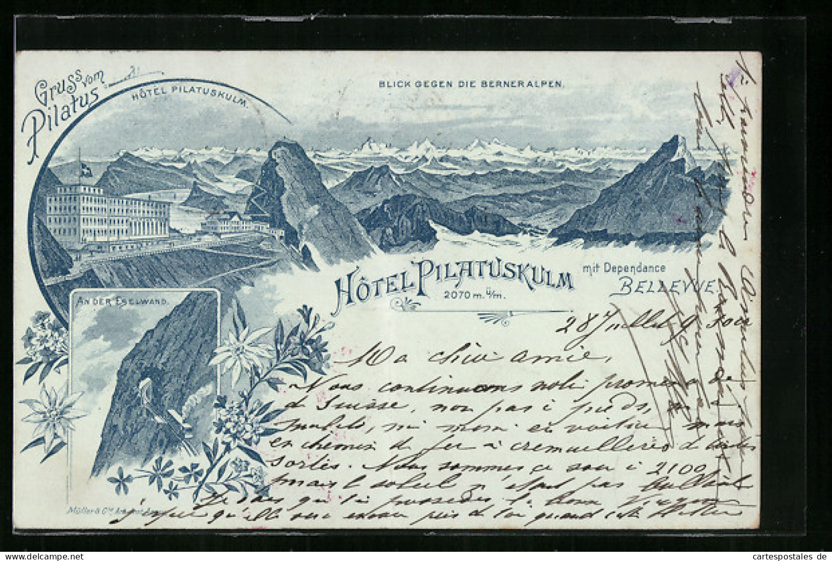 Vorläufer-Lithographie Pilatus, Hotel Pilatuskulm, Blick Gegen Die Berneralpen, An Der Eselwand, 1895  - Autres & Non Classés