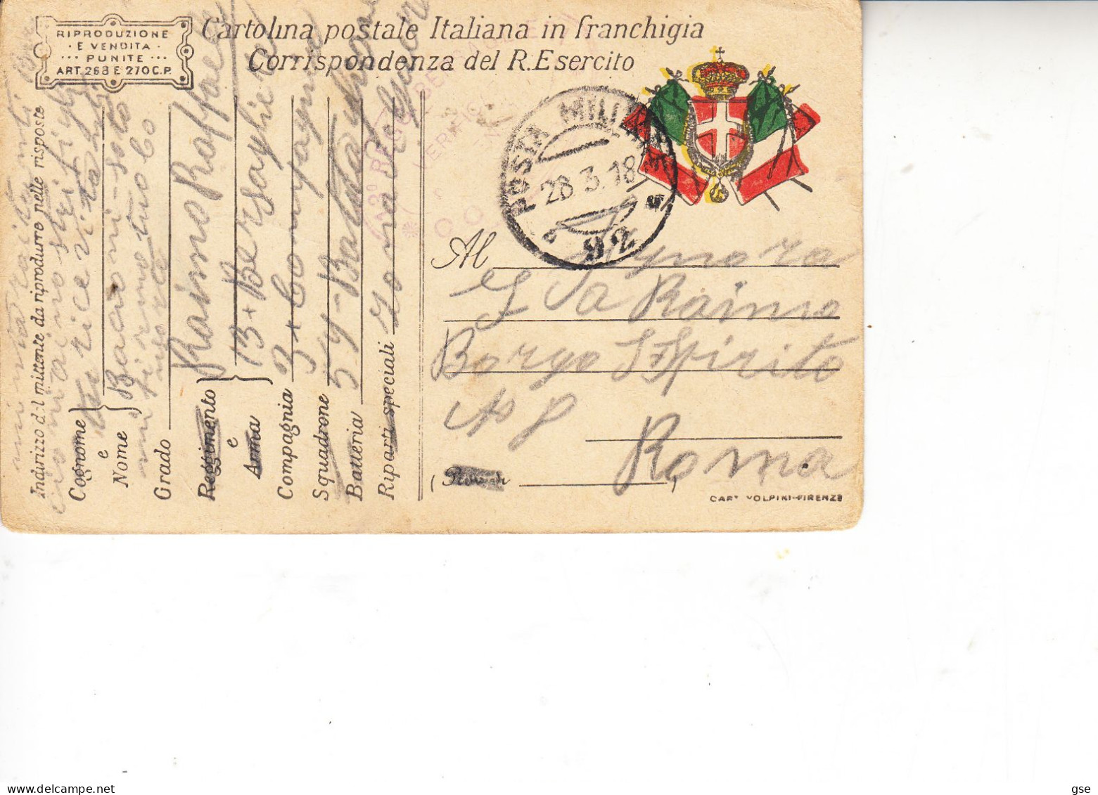 ITALIA  1918 - R.ESERCITO ITALIANO - Battaglione 3-59 - Poste Militaire (PM)