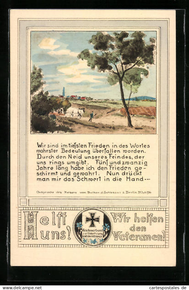 Künstler-AK Berlin, Wir Sind Im Tiefsten Frieden..., Ansprache Des Kaisers Vom Balkon Des Schlosses 1914, Eisernes Kr  - Guerre 1914-18