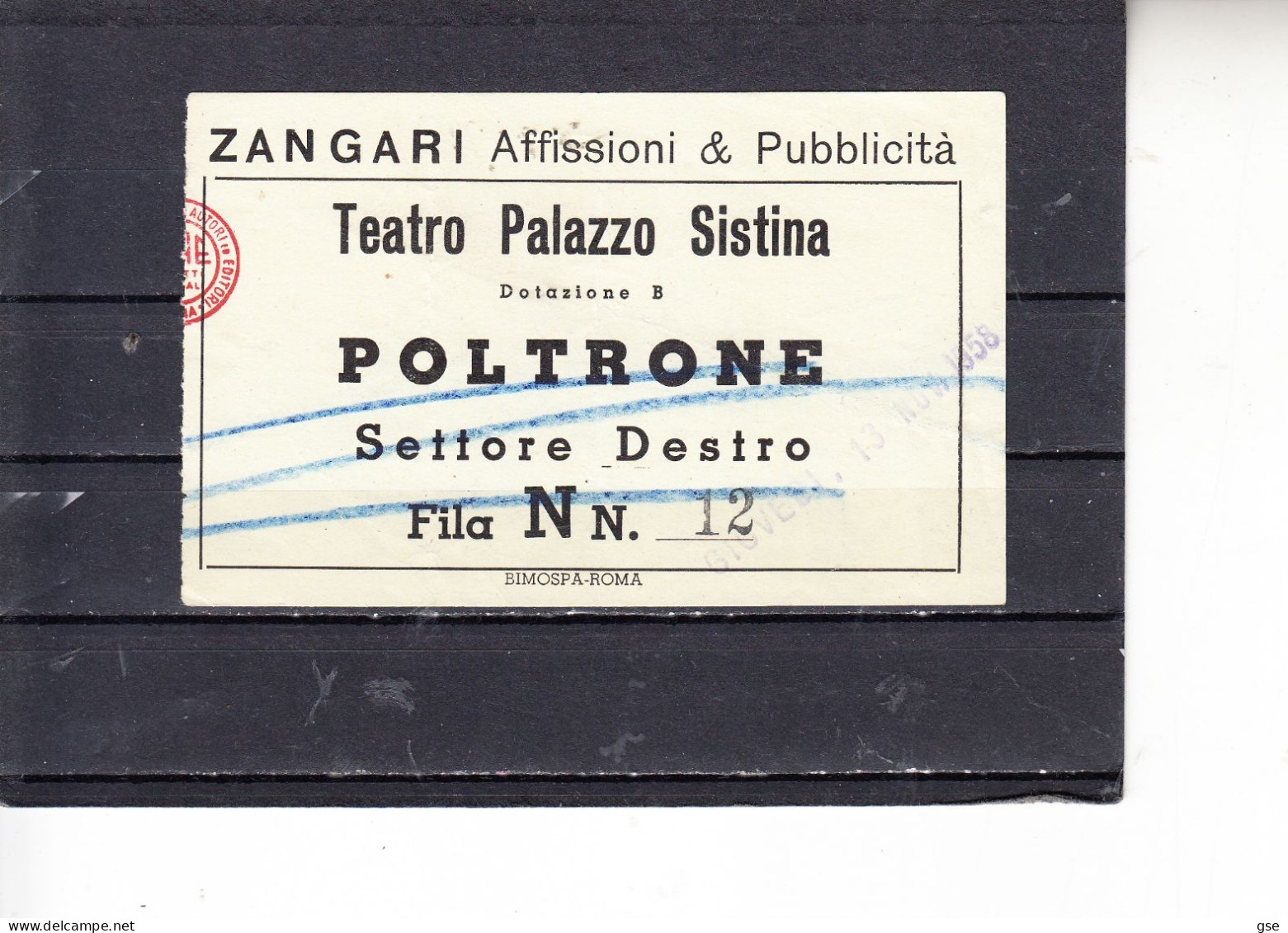 Biglietto Palazzo Sistina  1958 - Autres & Non Classés