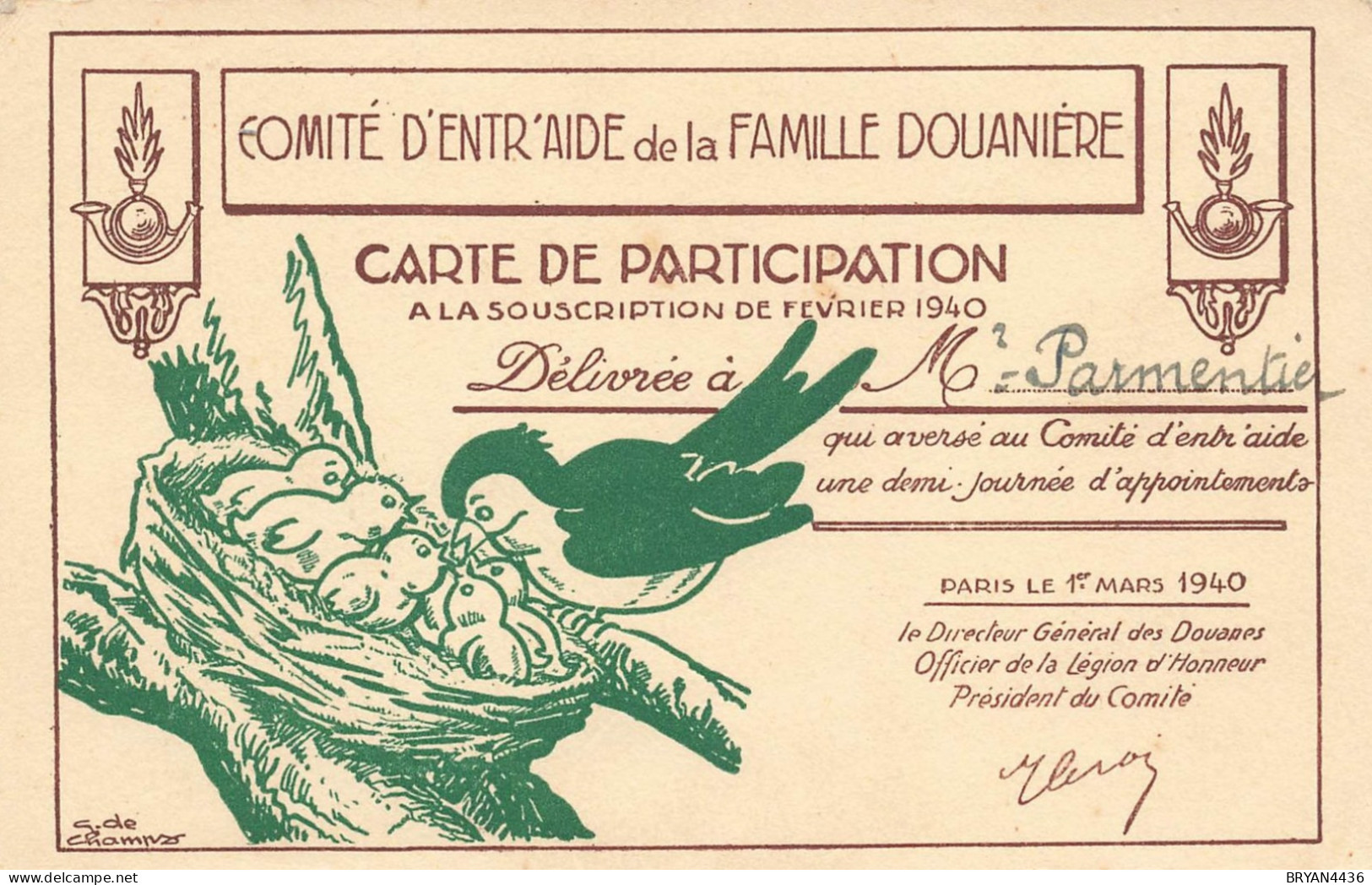 DOUANE - DOUANIERS - CARTE D4ENTRAIDE à La FAMILLE DOUANIERE - 1940 - (9x14cm) - TRES BON ETAT - Douane