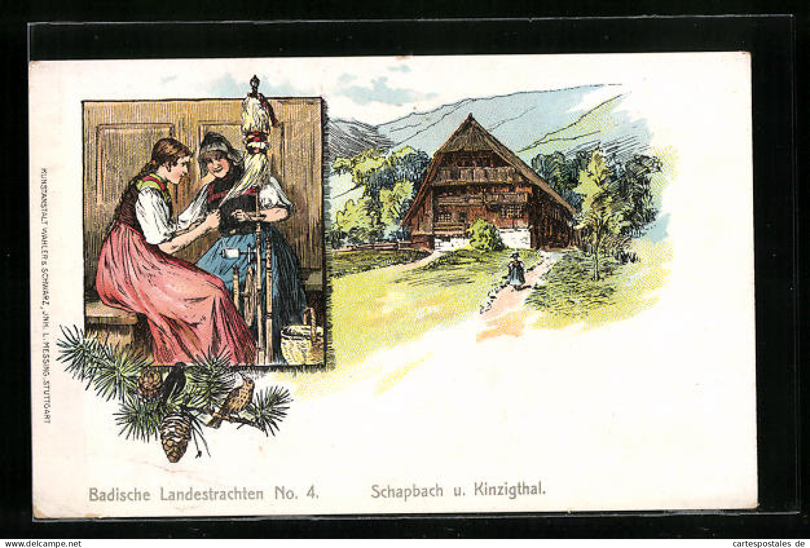 Lithographie Frauen In Schwarzwälder Tracht Mit Schwarzwaldhaus  - Costumi