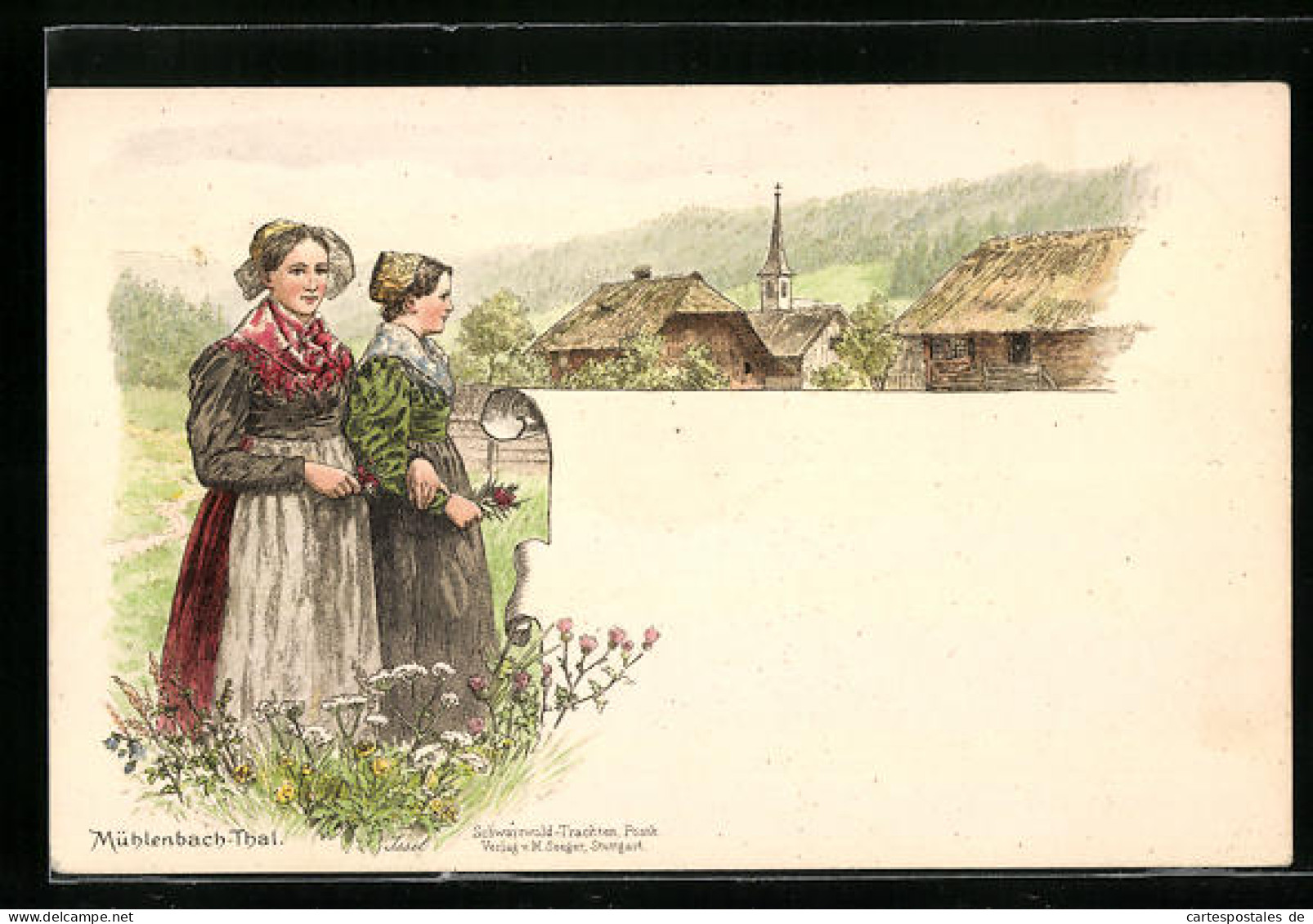 Lithographie Frauen In Schwarzwälder Tracht Mit Blumen  - Costumi