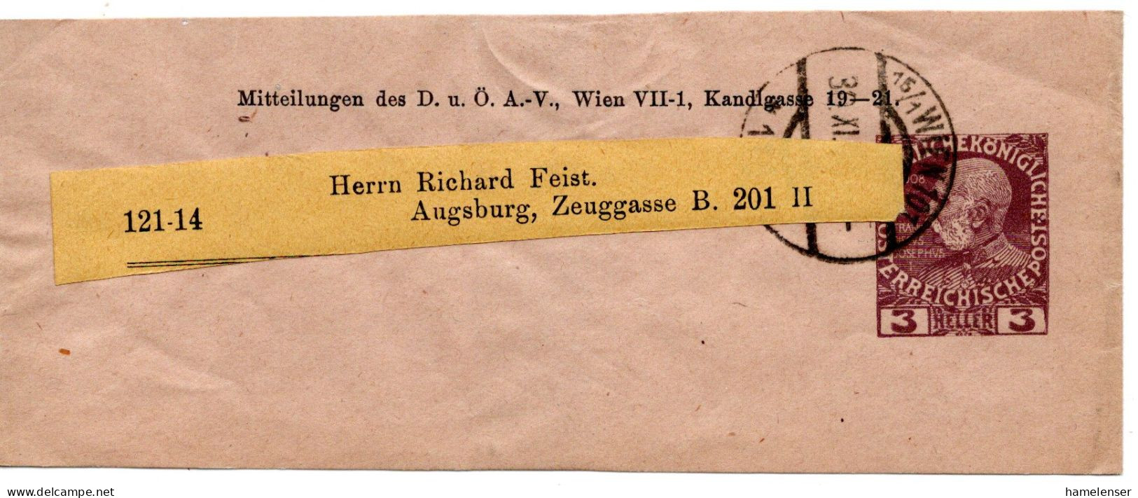 64311 - Österreich - 1908 - 3H Franz-Josef PGAStreifb "Alpenverein" WIEN -> Deutschland - Cartas & Documentos