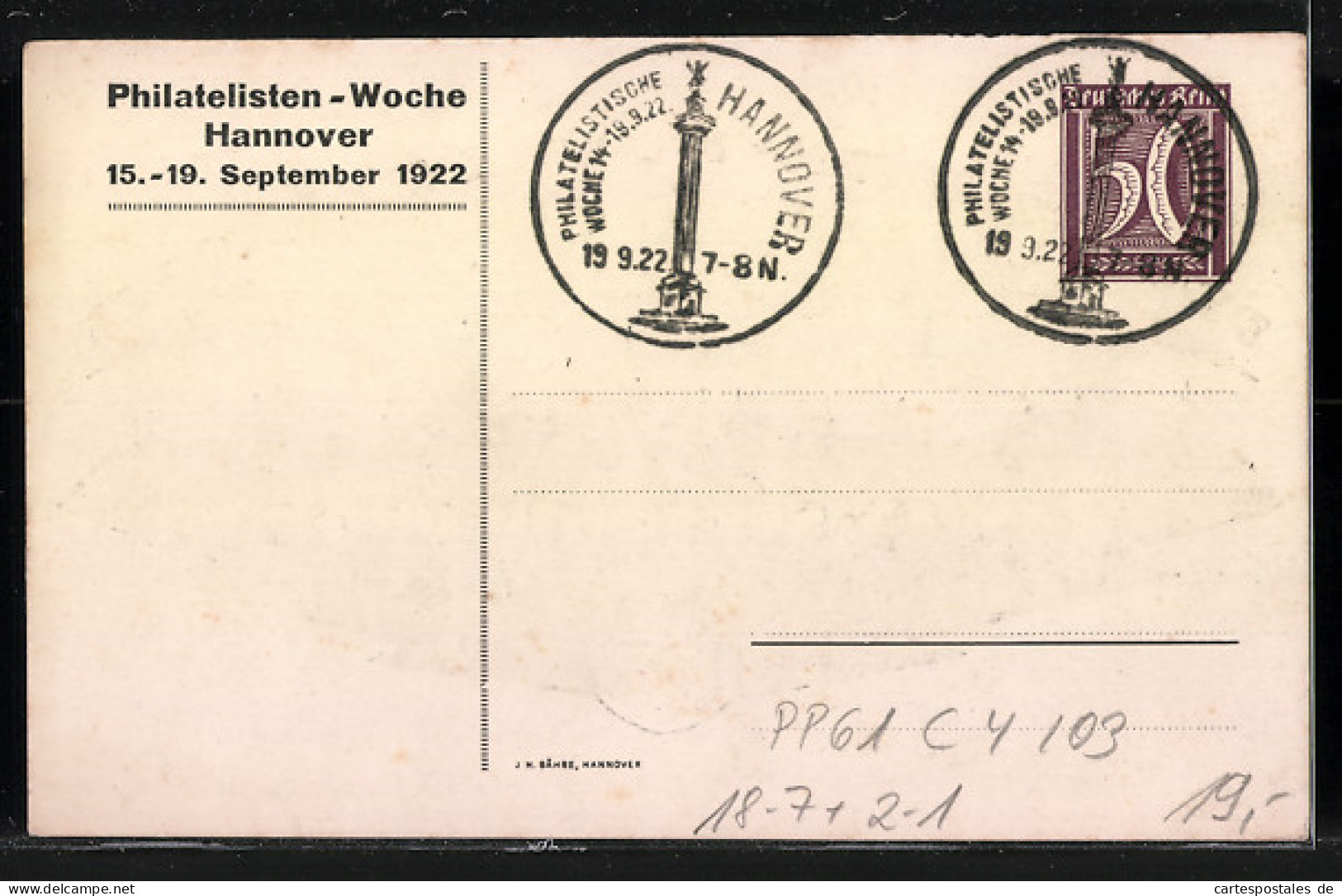 Künstler-AK Ganzsache PP61C4 /03: Hannover, Philatelisten-Woche 1922, Stadtpanorama Im Scherenschnitt  - Timbres (représentations)