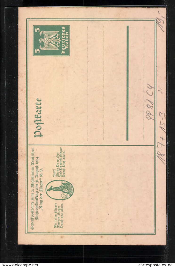 AK Ganzsache PP81C4: Gedenkpostkarte Zum 2. Allgemeinen Deutschen Fliegergedenktag Am 31. Aug. 1924  - 1914-1918: 1a Guerra