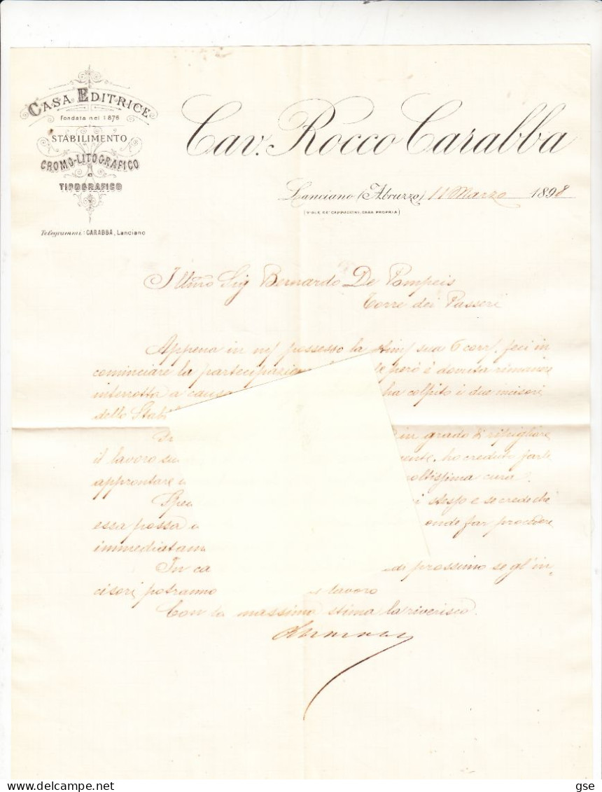 CASA EDITRICE ROCCO CARABBA - LANCIANO  1898  - Con Documento Interno - Sonstige & Ohne Zuordnung