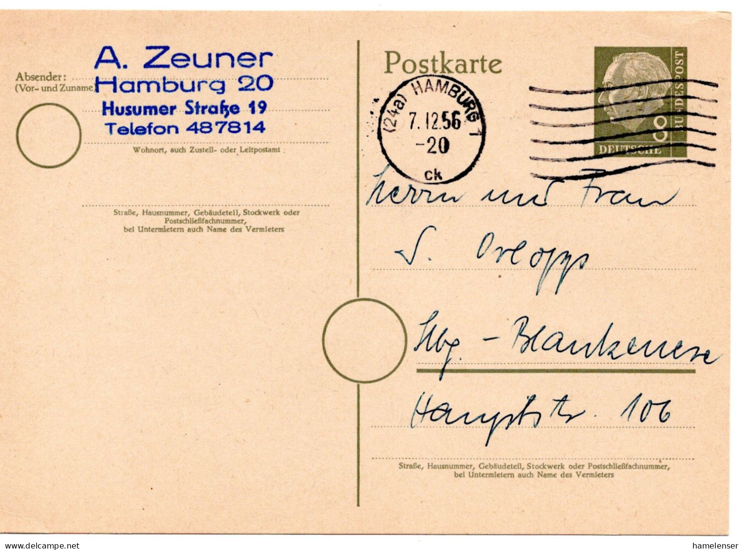 64318 - Bund - 1956 - 8Pfg Heuss I GAKte HAMBURG - Storia Postale