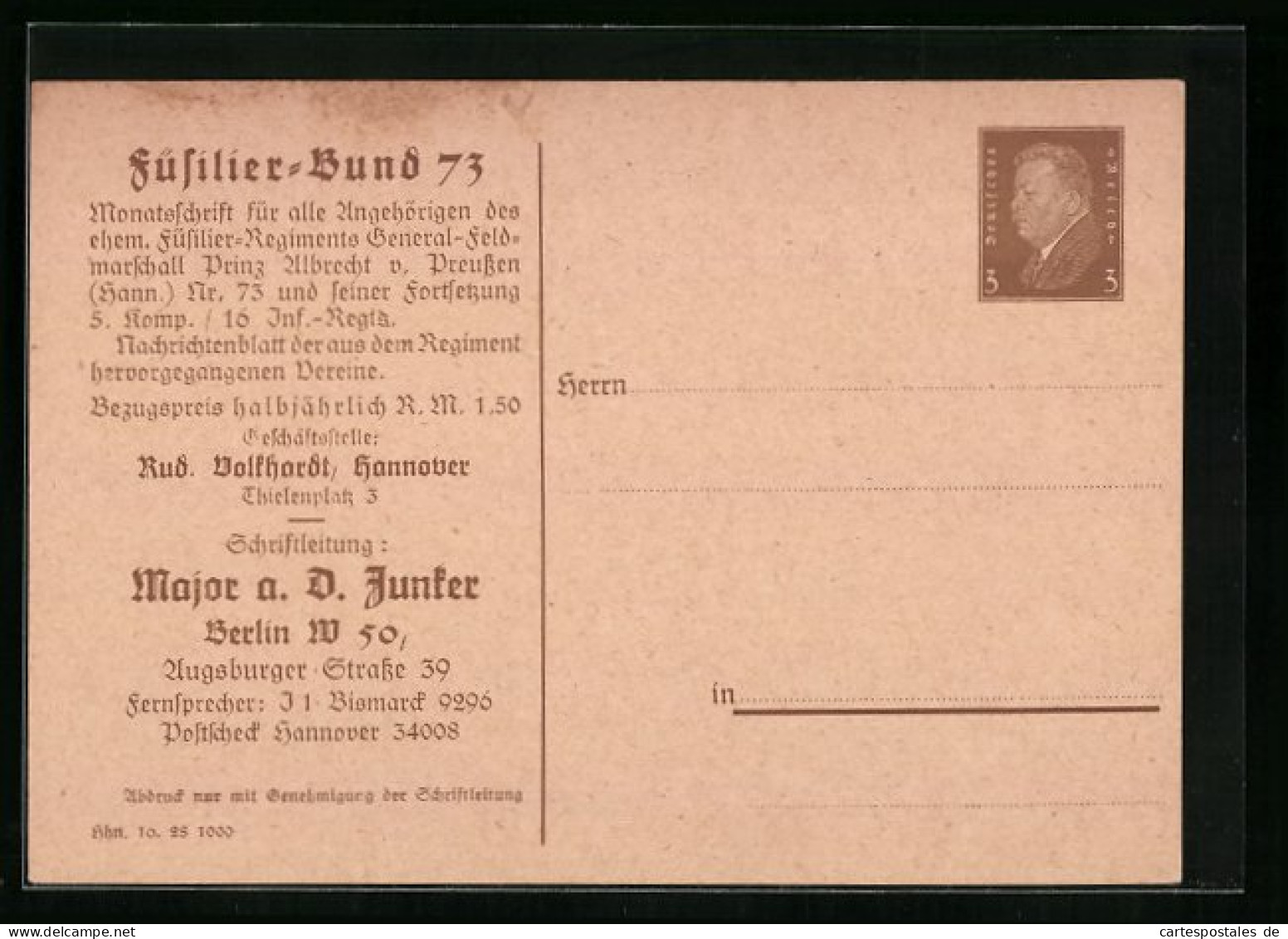 AK Ganzsache PP106B3: Karte Des Füsilier-Bund 73, Schriftleitung Major A. D. Junker  - Regimente