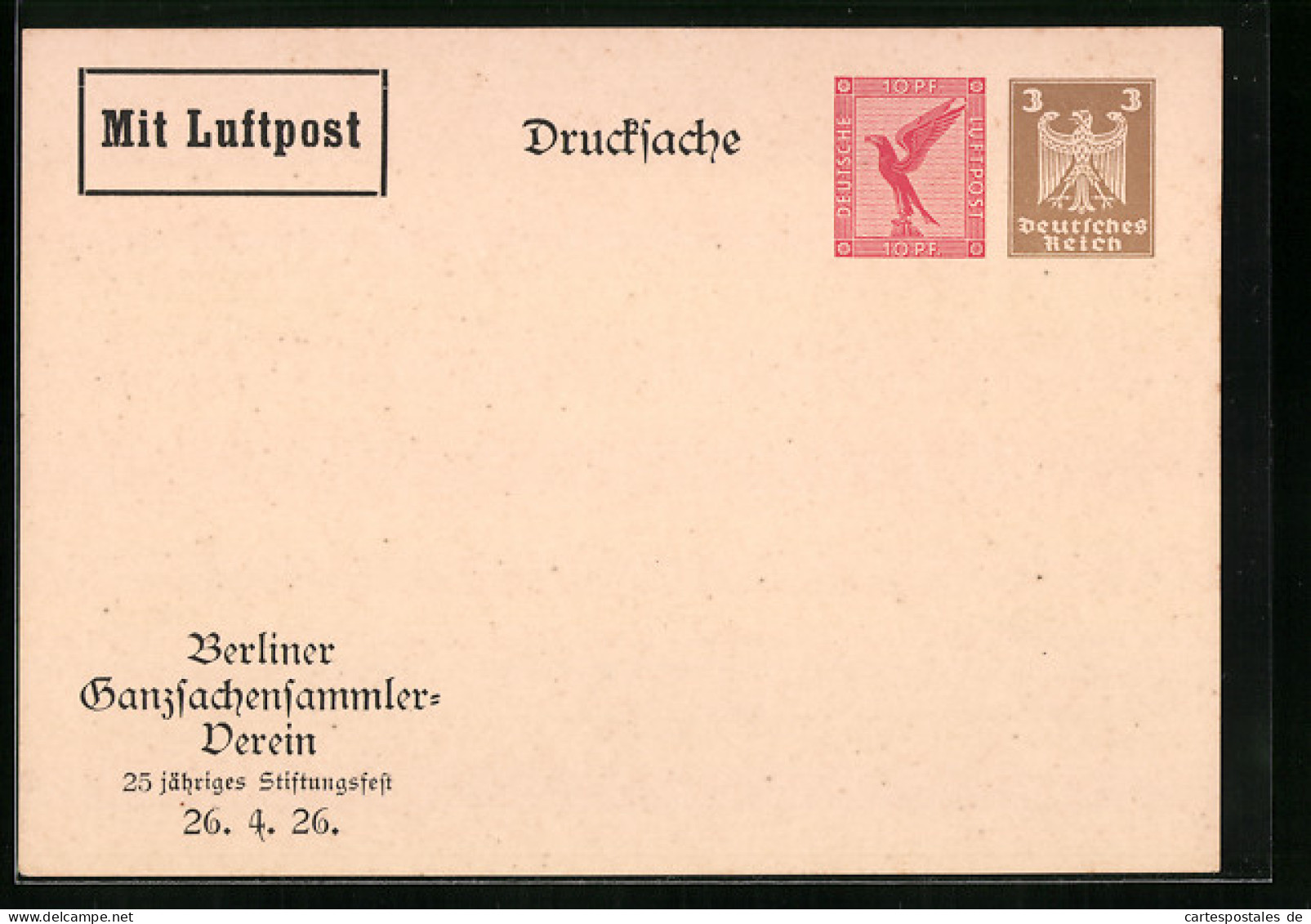 AK Ganzsache PP90C1 /01: Berliner Ganzsachensammler-Verein, 25. Jähriges Stiftungsfest 26.04.26  - Stamps (pictures)