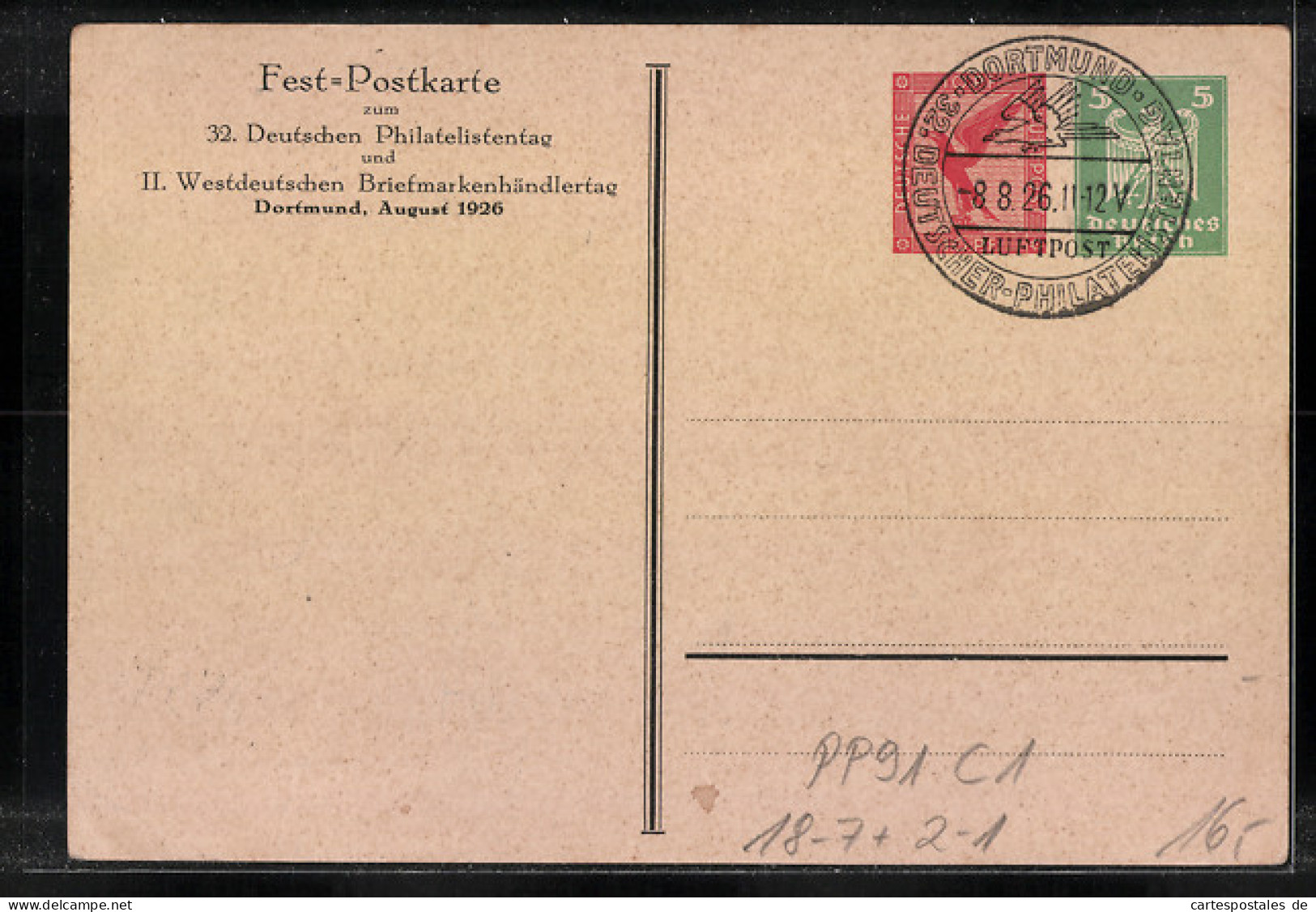 Künstler-AK Ganzsache PP91C1: Dortmund, Postwertzeichen-Ausstellung 1926  - Briefmarken (Abbildungen)