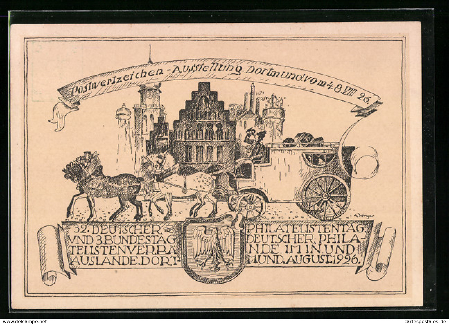 Künstler-AK Ganzsache PP81C16: Dortmund, Postwertzeichen-Ausstellung 1926, Postkutsche  - Stamps (pictures)