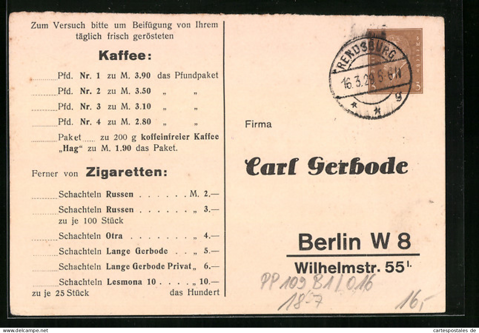 AK Ganzsache PP109B1 /016: Berlin, Bestellkarte Von Carl Gerbode, Wilhelmstrasse 55  - Tarjetas