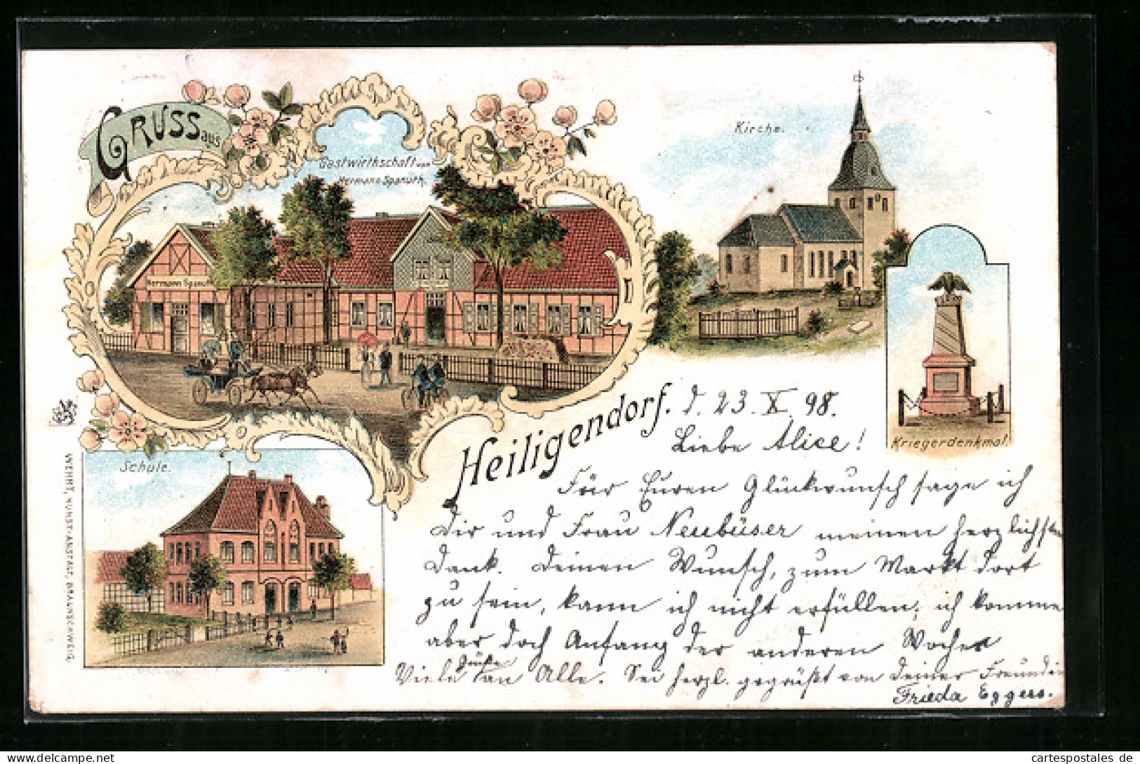 Lithographie Heiligendorf, Gasthaus Von Hermann Spanuth, Kirche, Schule, Kriegerdenkmal  - Sonstige & Ohne Zuordnung