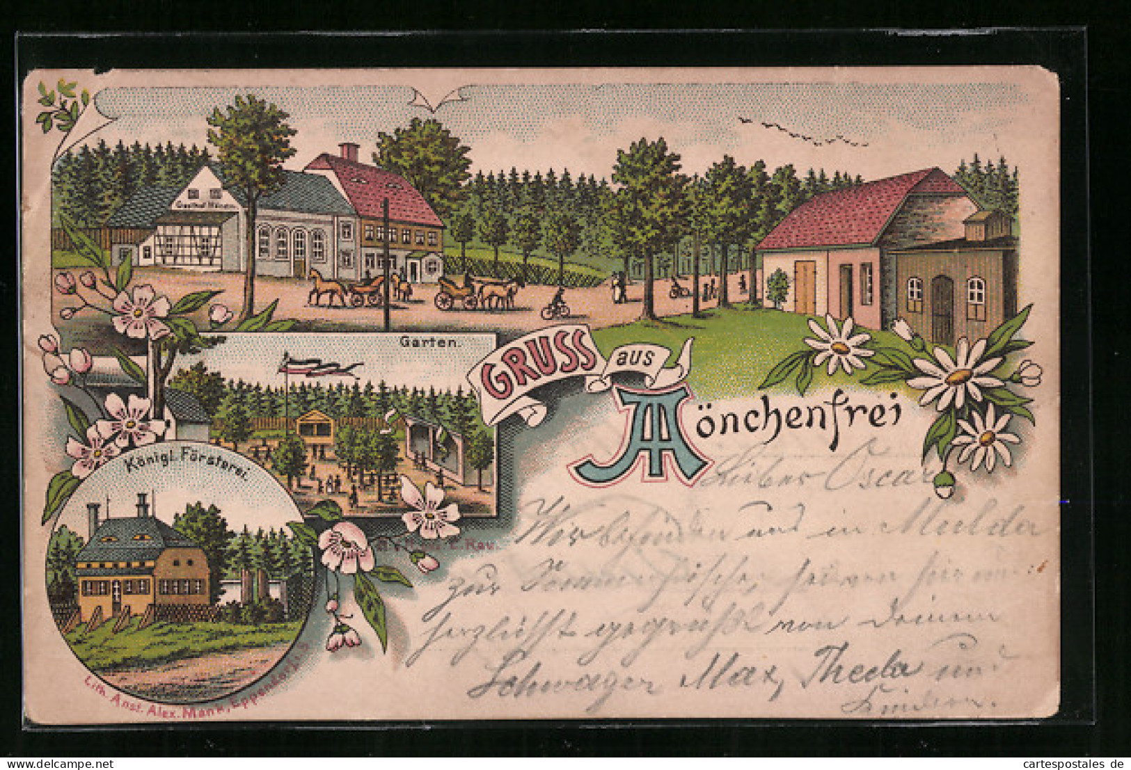 Lithographie Mönchenfrei, Gleichnamiger Gasthof Mit Garten, Königl. Försterei  - Autres & Non Classés