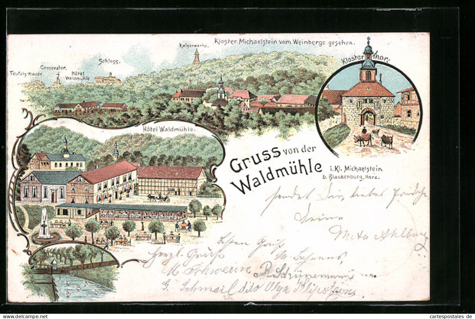 Lithographie Blankenburg I. H., Hotel Waldmühle In Kl. Michaelstein, Strassenpartie Am Klostertor  - Blankenburg