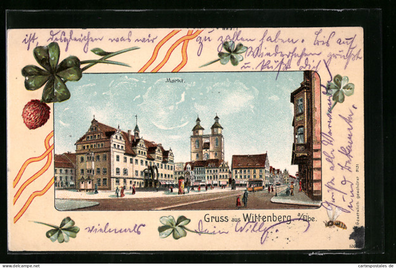 Passepartout-Lithographie Wittenberg A. E., Strassenpartie Am Markt Mit Litfasssäule Und Strassenbahn  - Wittenberg