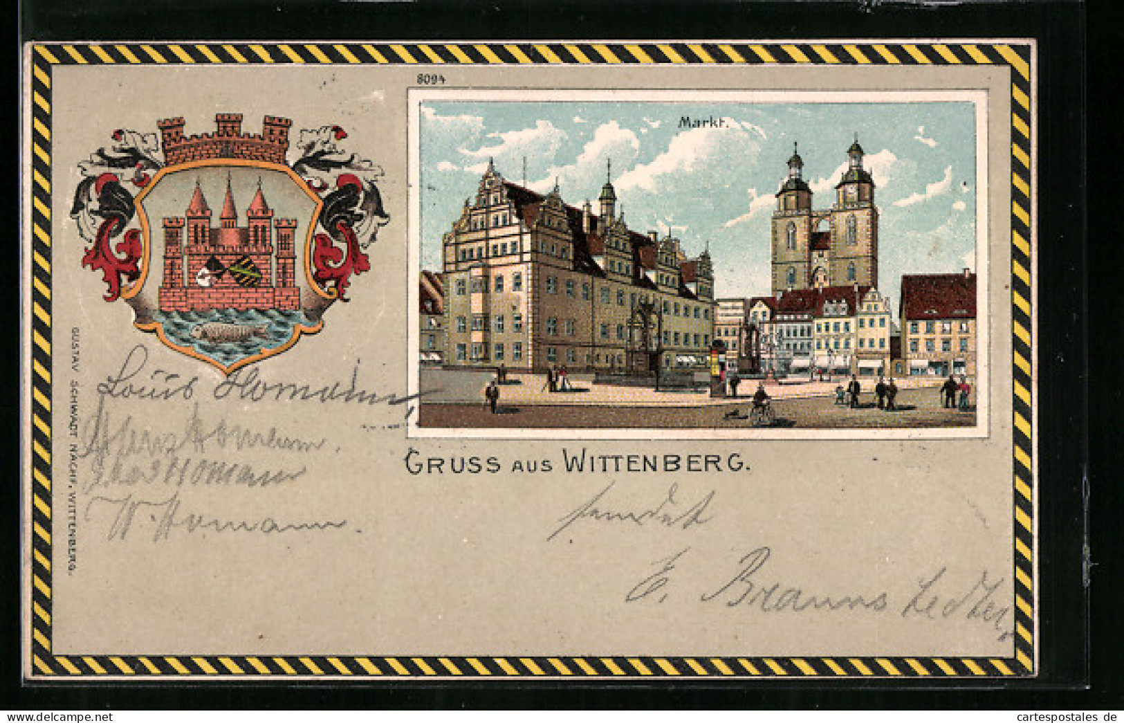 Lithographie Wittenberg A. E., Strassenpartie Am Markt Mit Litfasssäule Und Strassenbahn, Wappen  - Wittenberg